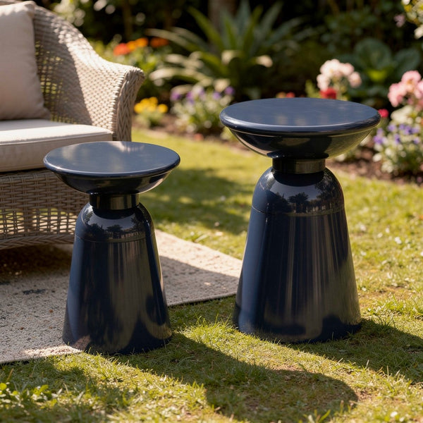 Suma Outdoor End Table Set of 2, Round, Pedestal Base, Navy Blue Iron - BM324035