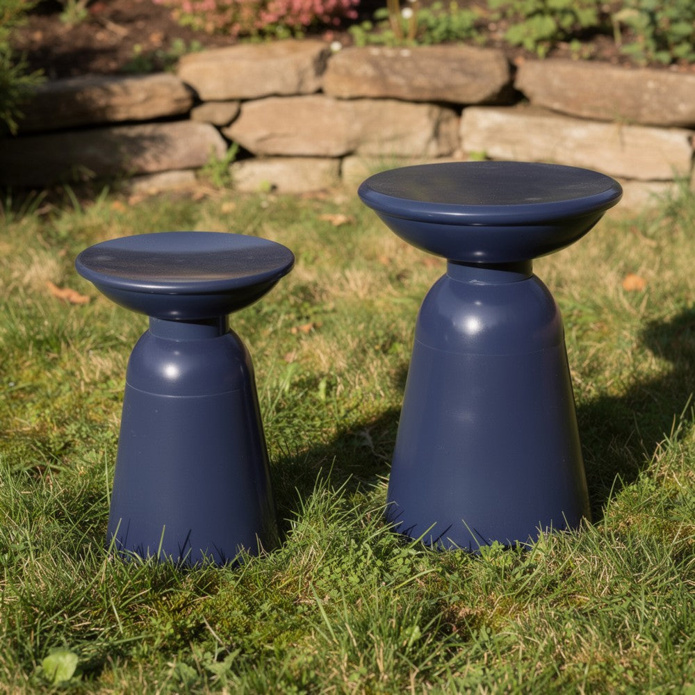 Suma Outdoor End Table Set of 2, Round, Pedestal Base, Navy Blue Iron - BM324035