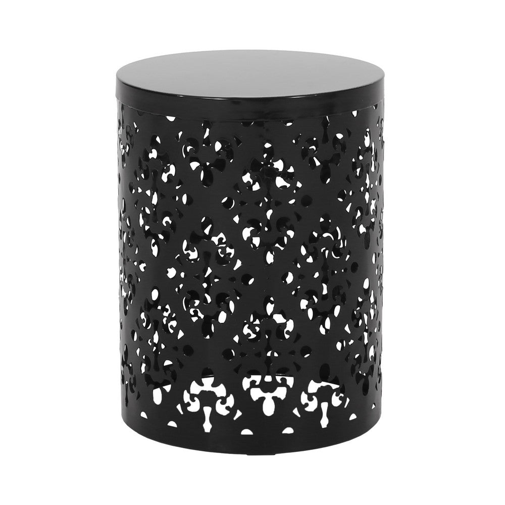 Kemo Outdoor End Table, Round 14 Inch, Cutout Design, Black Iron Frame - BM324041