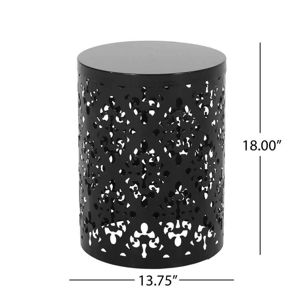 Kemo Outdoor End Table, Round 14 Inch, Cutout Design, Black Iron Frame - BM324041
