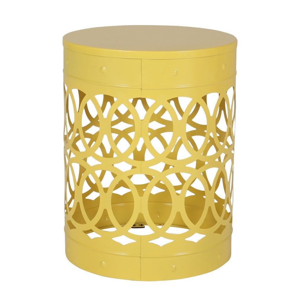 Kemo Outdoor End Table, Round 14 Inch, Cutout Design, Yellow Frame - BM324042