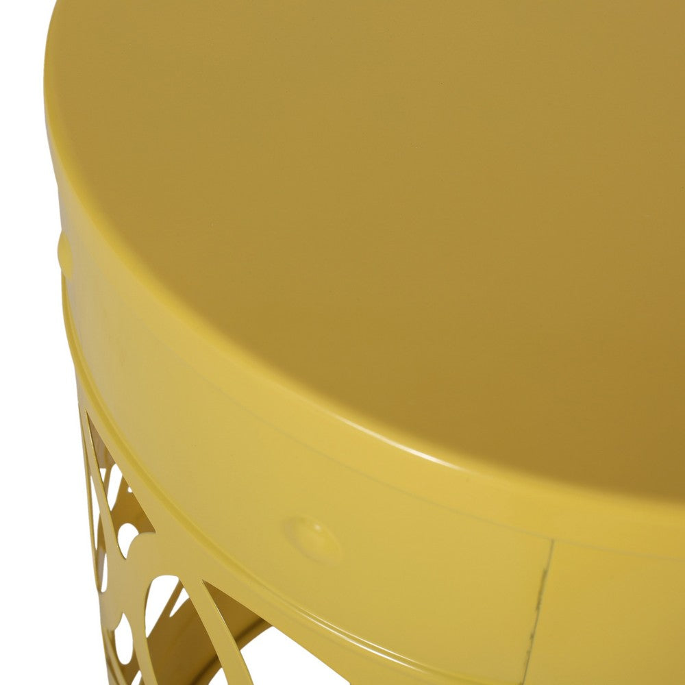 Kemo Outdoor End Table, Round 14 Inch, Cutout Design, Yellow Frame - BM324042