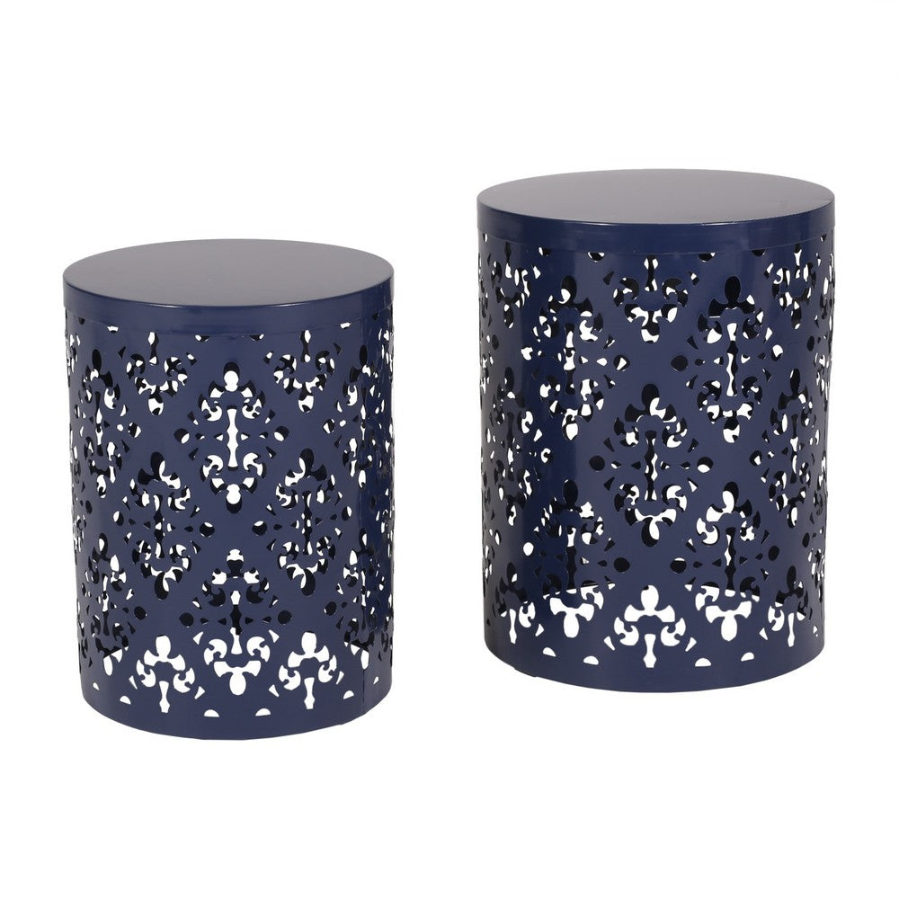Kemo Outdoor End Table Set of 2, Round Top, Cutout Design, Navy Blue - BM324043