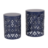 Kemo Outdoor End Table Set of 2, Round Top, Cutout Design, Navy Blue - BM324043