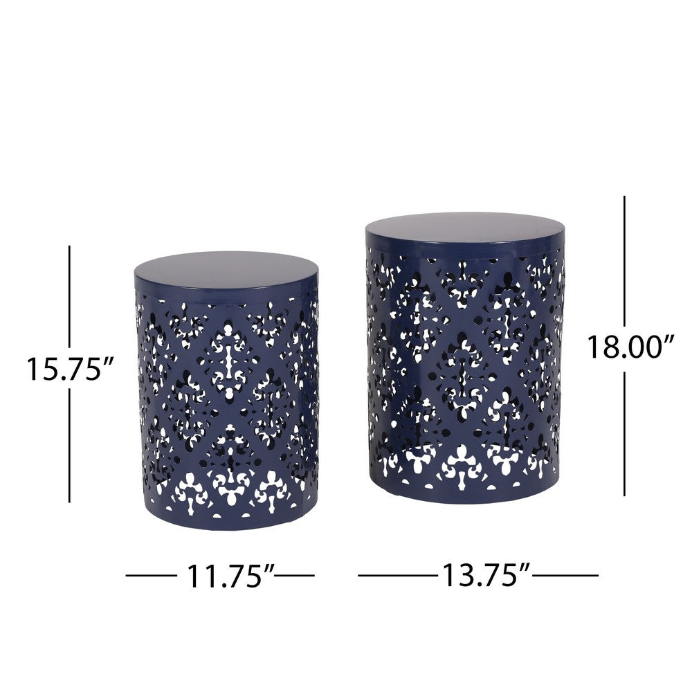 Kemo Outdoor End Table Set of 2, Round Top, Cutout Design, Navy Blue - BM324043