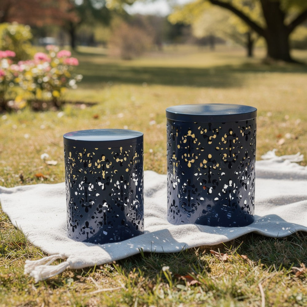 Kemo Outdoor End Table Set of 2, Round Top, Cutout Design, Navy Blue - BM324043