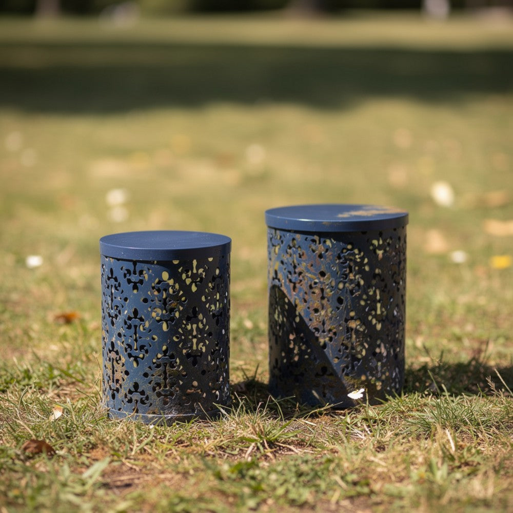 Kemo Outdoor End Table Set of 2, Round Top, Cutout Design, Navy Blue - BM324043
