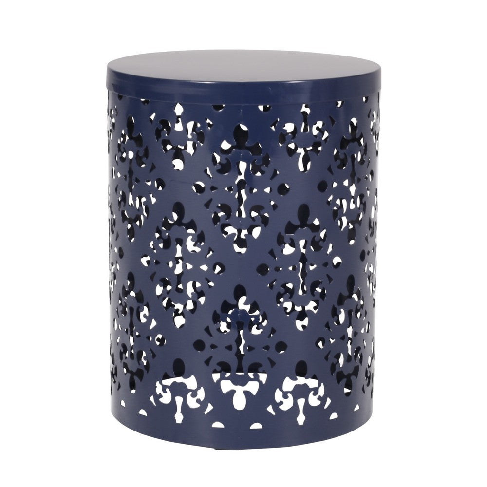 Kemo Outdoor End Table, Round 14 Inch, Cutout Design, Navy Blue - BM324044