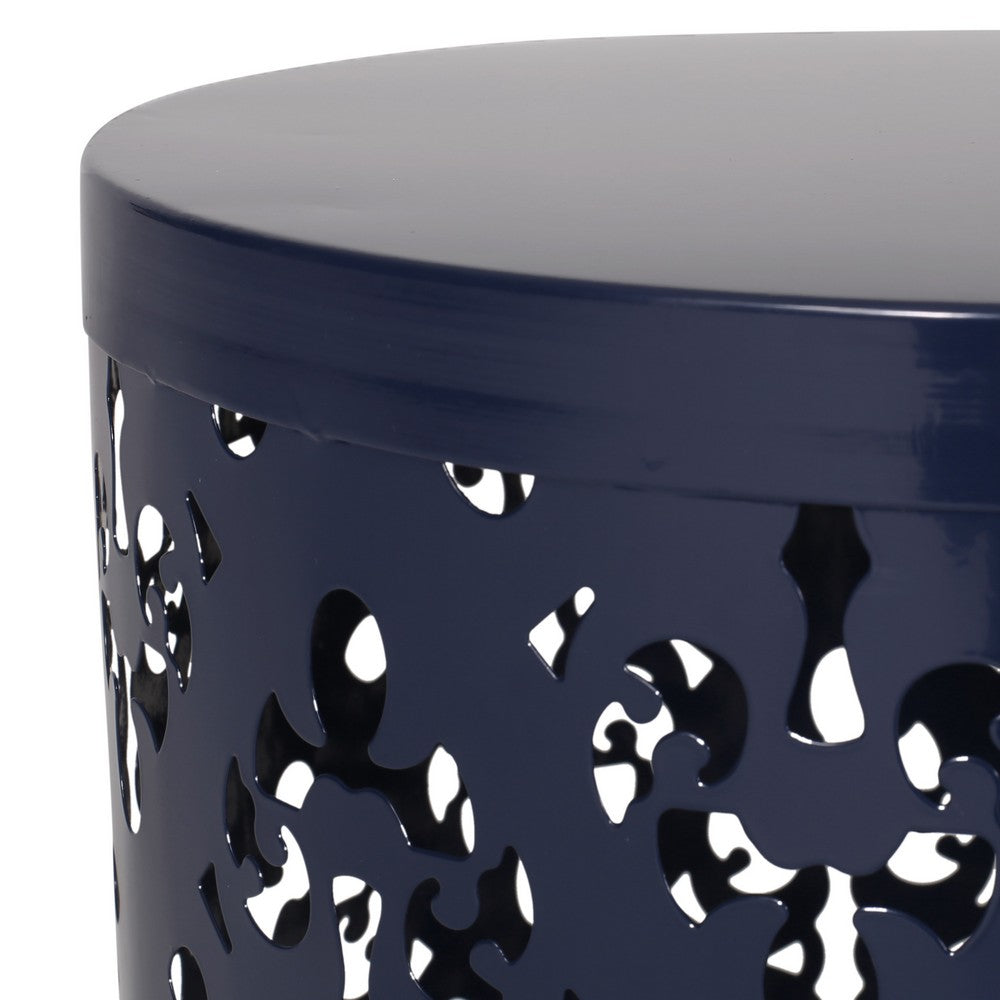 Kemo Outdoor End Table, Round 14 Inch, Cutout Design, Navy Blue - BM324044