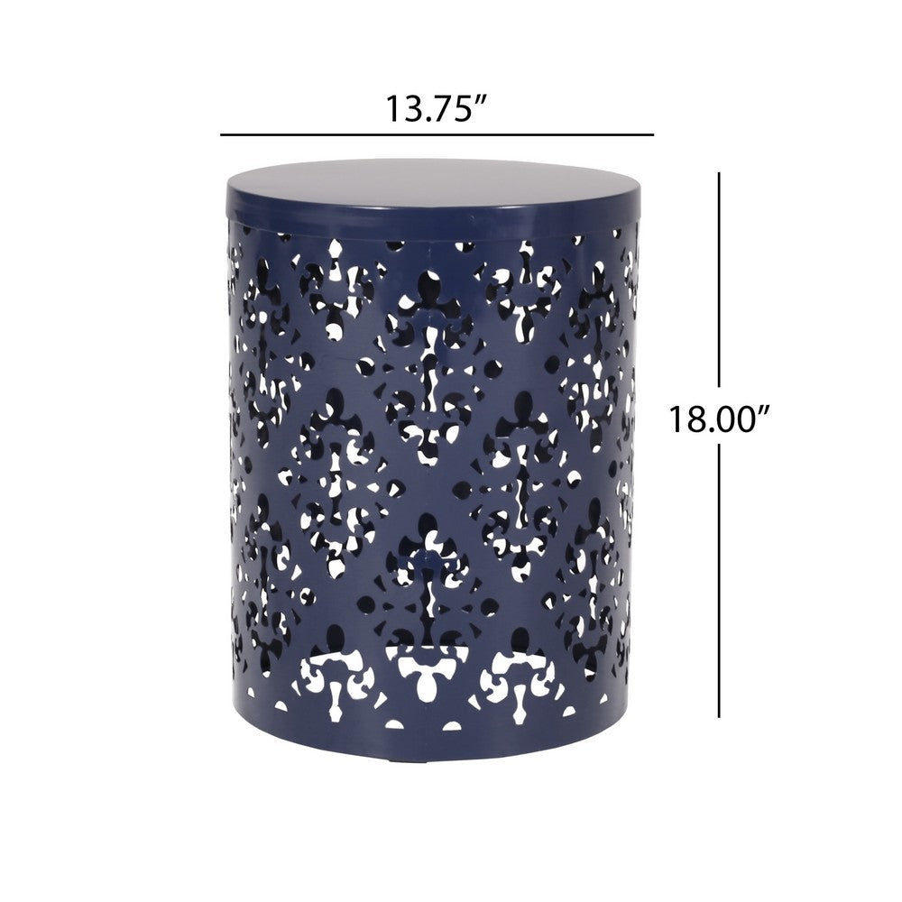 Kemo Outdoor End Table, Round 14 Inch, Cutout Design, Navy Blue - BM324044