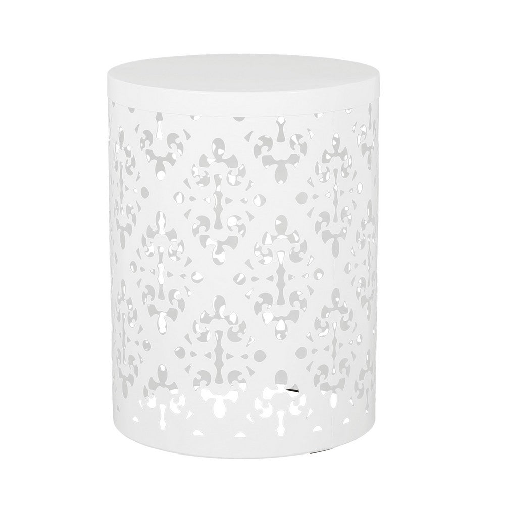 Kemo Outdoor End Table Set of 2, Round Top, Cutout Design, White Iron - BM324045