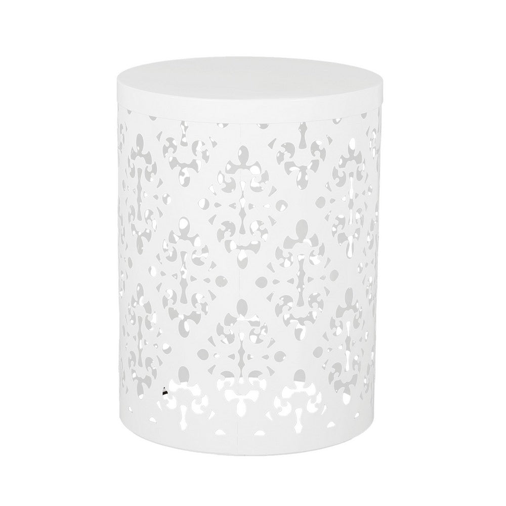 Kemo Outdoor End Table Set of 2, Round Top, Cutout Design, White Iron - BM324045