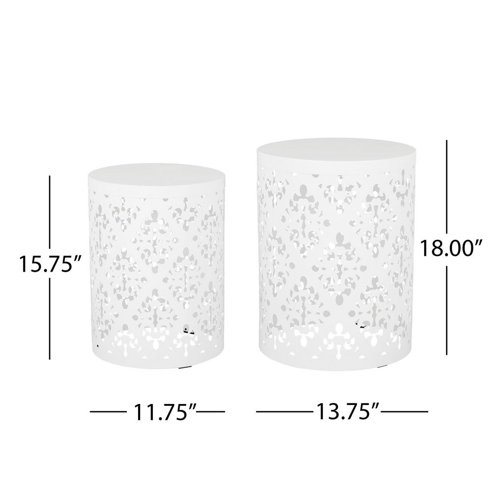 Kemo Outdoor End Table Set of 2, Round Top, Cutout Design, White Iron - BM324045