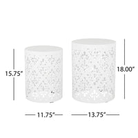 Kemo Outdoor End Table Set of 2, Round Top, Cutout Design, White Iron - BM324045
