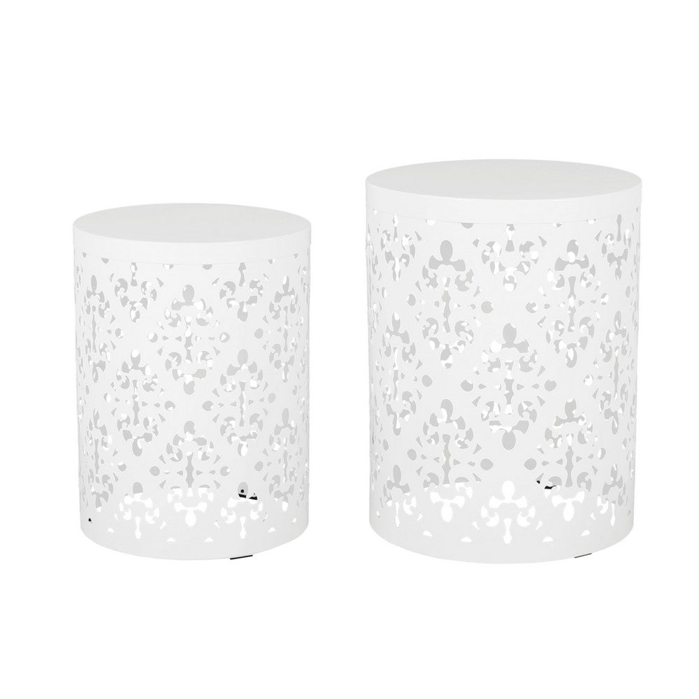 Kemo Outdoor End Table Set of 2, Round Top, Cutout Design, White Iron - BM324045