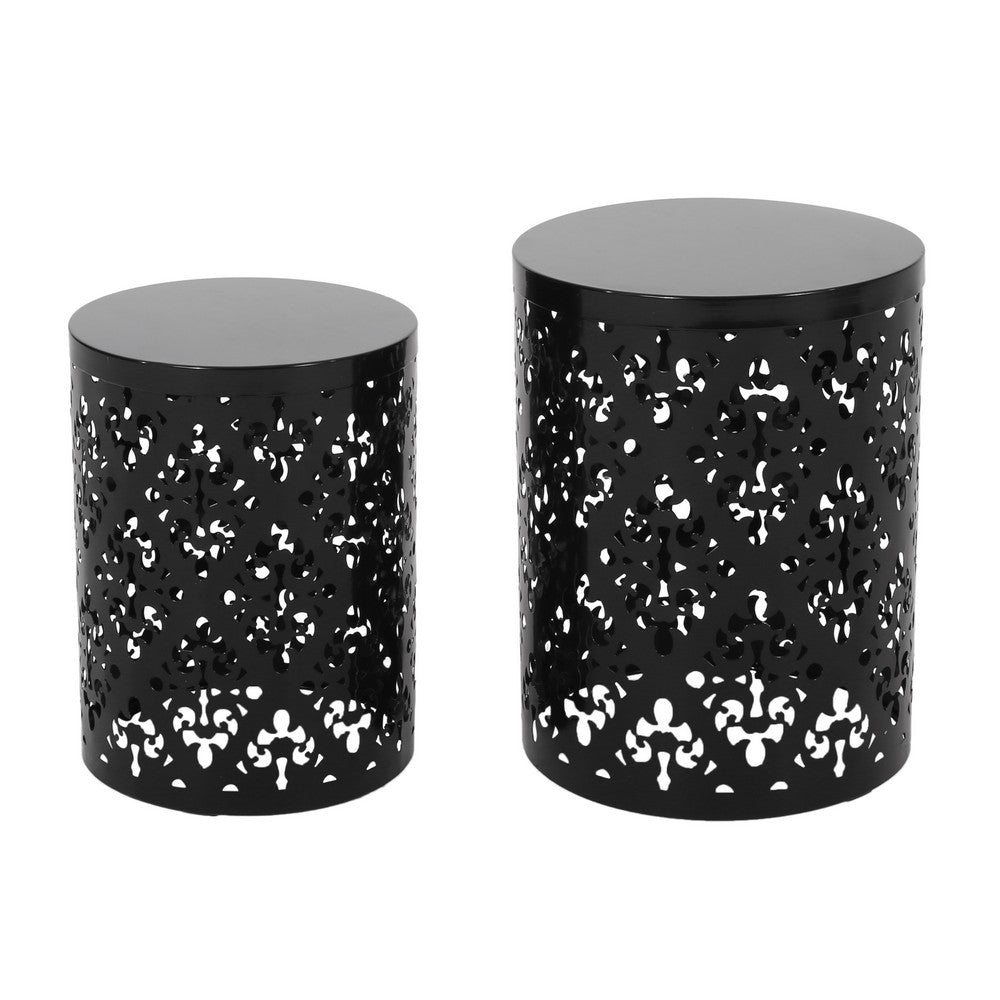 Kemo Outdoor End Table Set of 2, Round Top, Cutout Design, Black Iron - BM324046