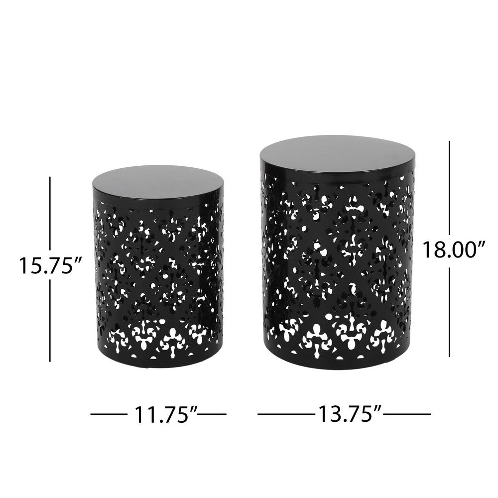 Kemo Outdoor End Table Set of 2, Round Top, Cutout Design, Black Iron - BM324046