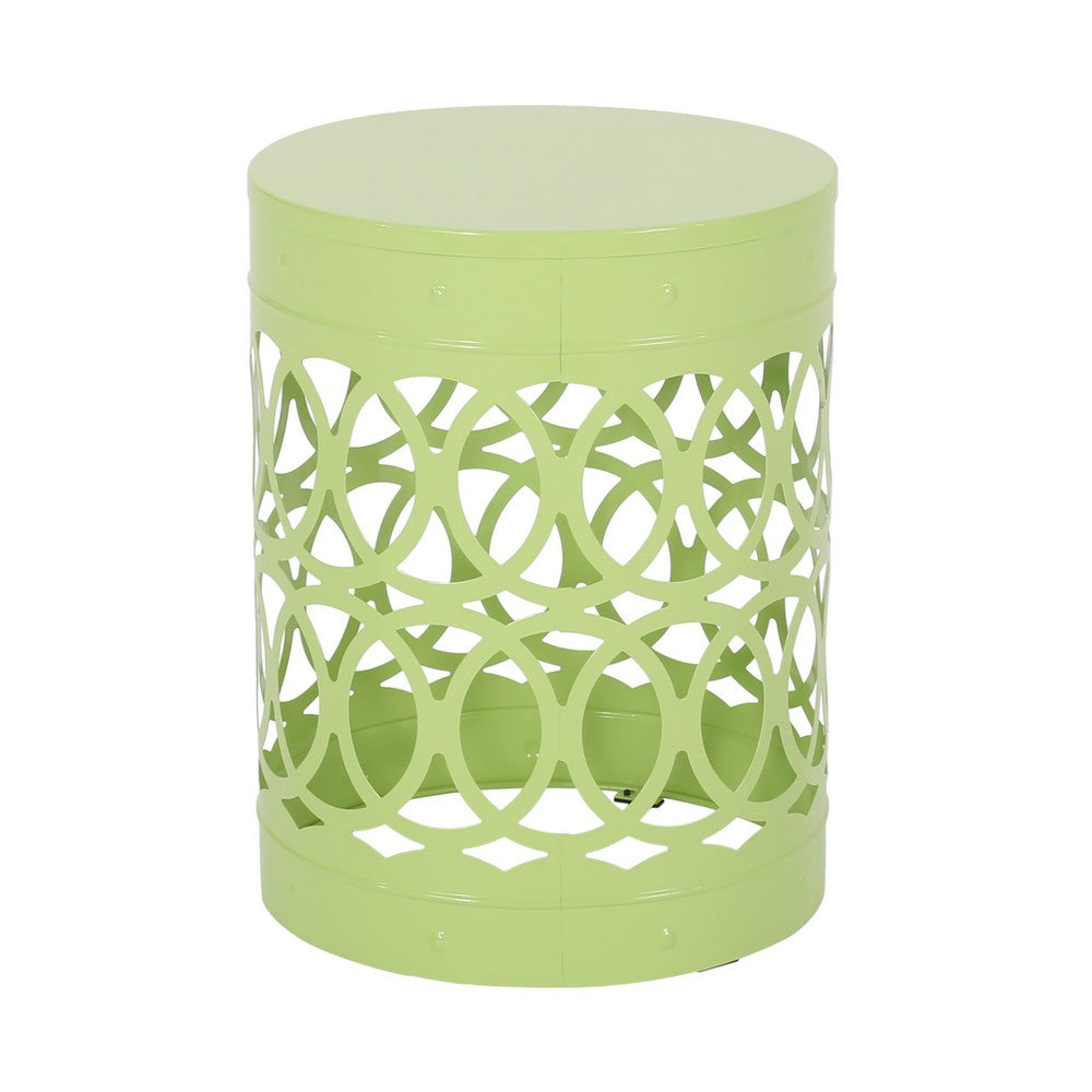 Kemo Outdoor End Table, Round 14 Inch, Cutout Design, Green Iron Frame - BM324047