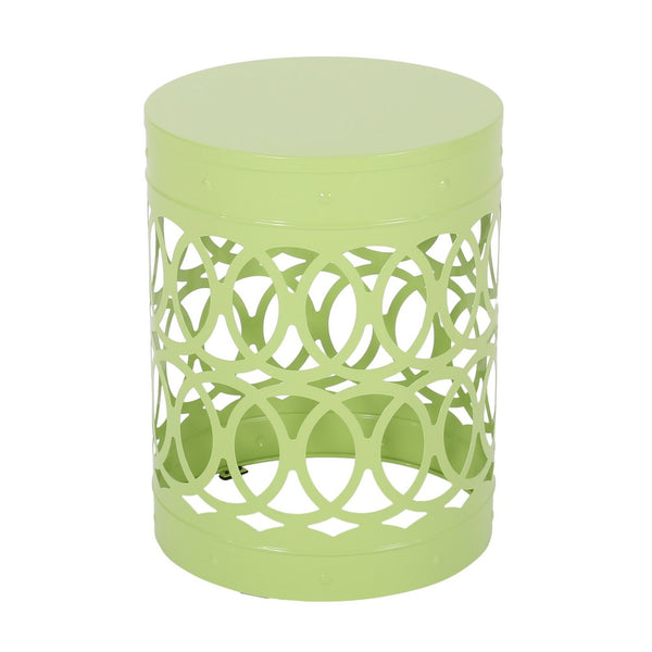 Kemo Outdoor End Table, Round 14 Inch, Cutout Design, Green Iron Frame - BM324047