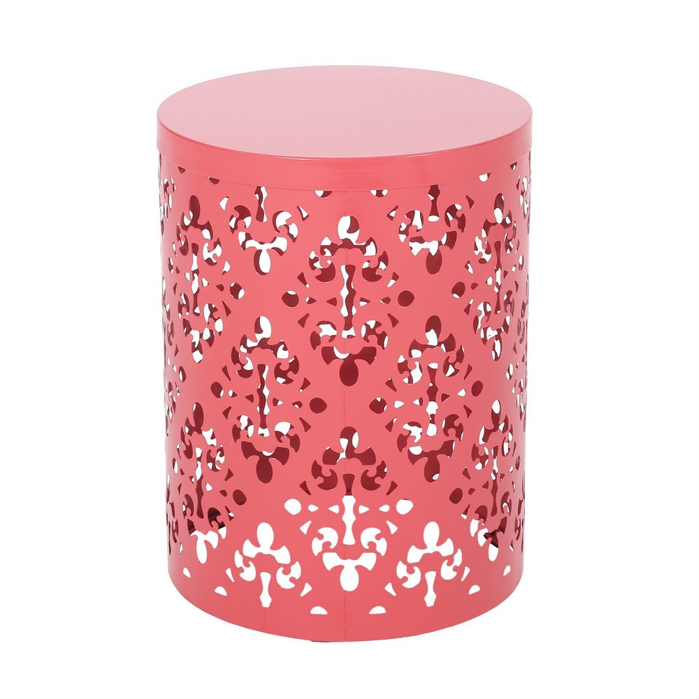 Kemo Outdoor End Table, Round 14 Inch, Cutout Design, Dark Peach Iron - BM324048