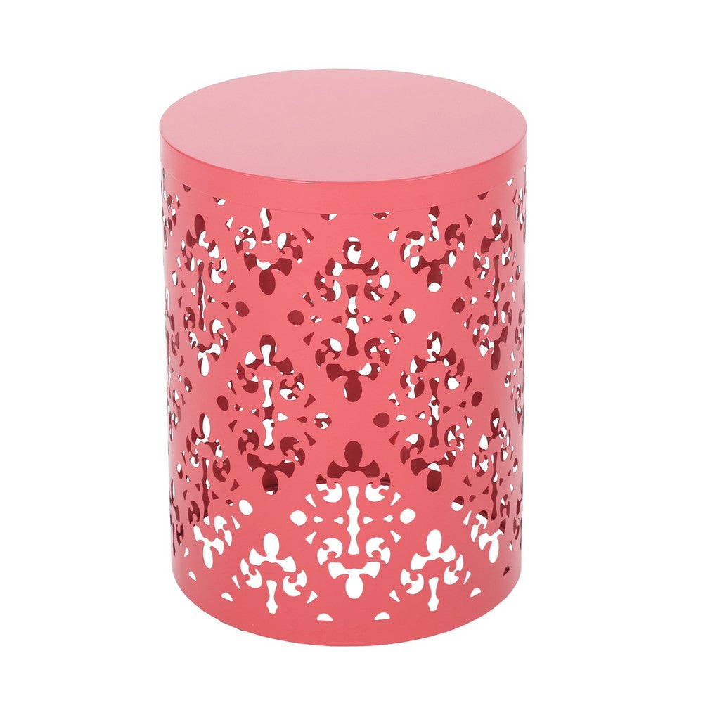 Kemo Outdoor End Table, Round 14 Inch, Cutout Design, Dark Peach Iron - BM324048