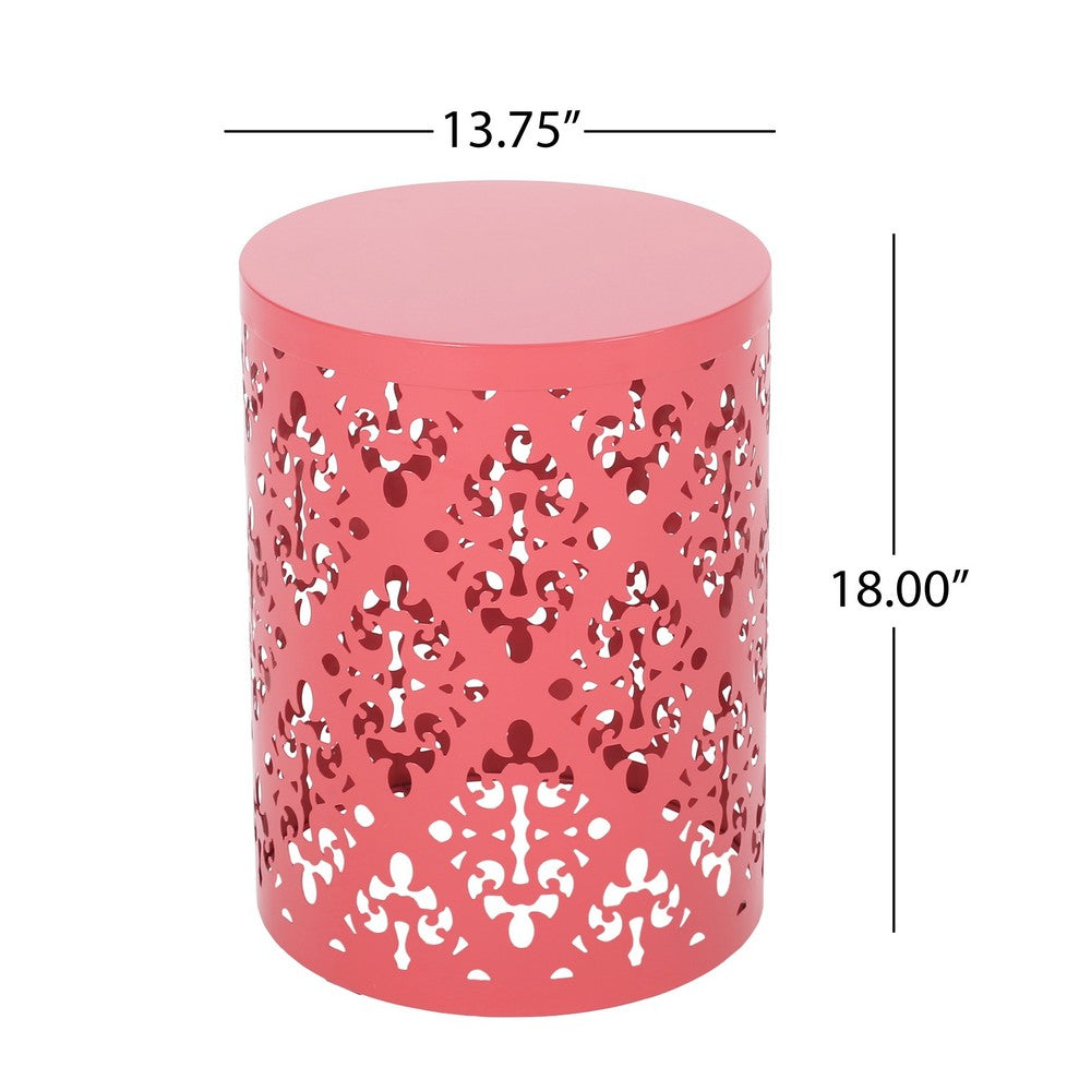 Kemo Outdoor End Table, Round 14 Inch, Cutout Design, Dark Peach Iron - BM324048