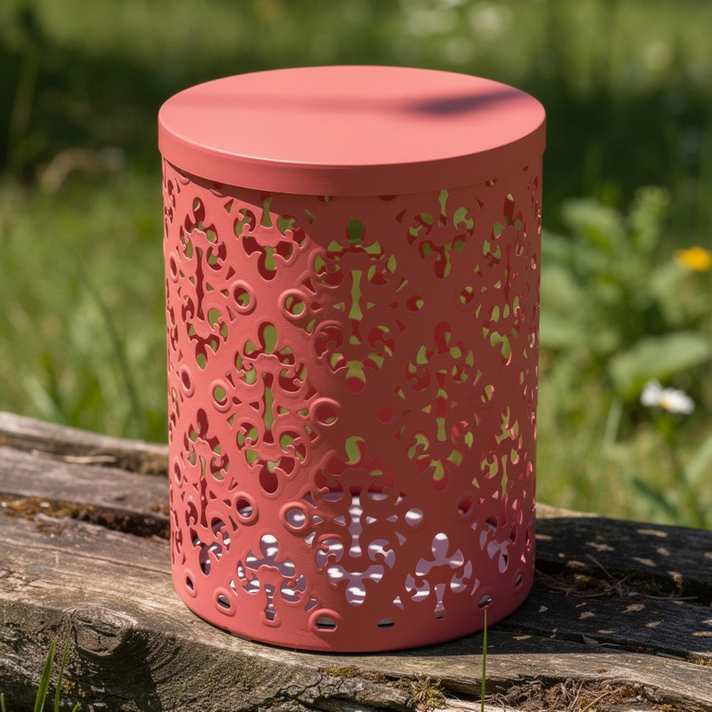 Kemo Outdoor End Table, Round 14 Inch, Cutout Design, Dark Peach Iron - BM324048