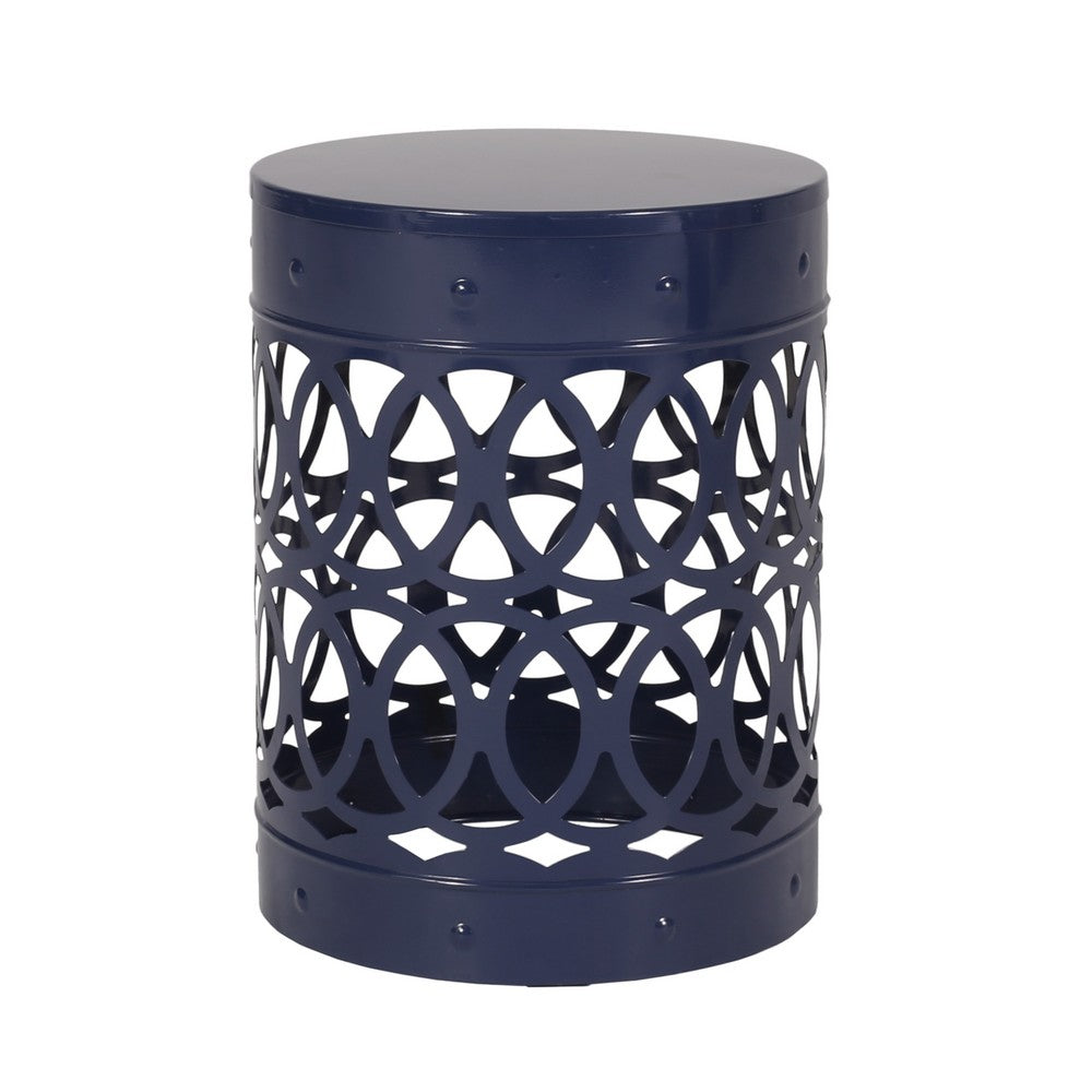 Kemo Outdoor End Table, Round 14 Inch, Cutout Design, Navy Blue Iron - BM324049
