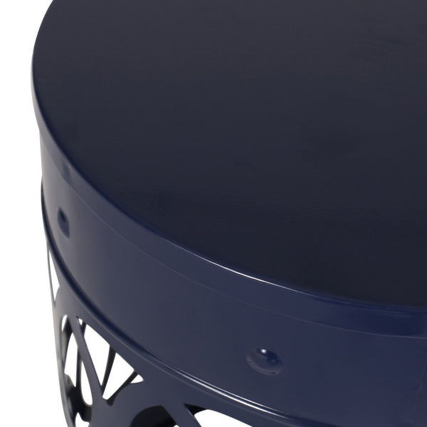 Kemo Outdoor End Table, Round 14 Inch, Cutout Design, Navy Blue Iron - BM324049