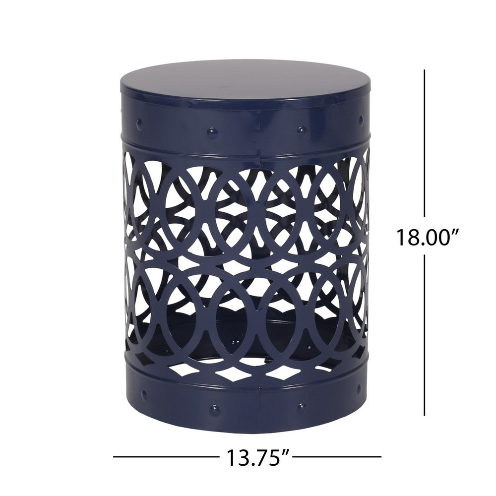 Kemo Outdoor End Table, Round 14 Inch, Cutout Design, Navy Blue Iron - BM324049