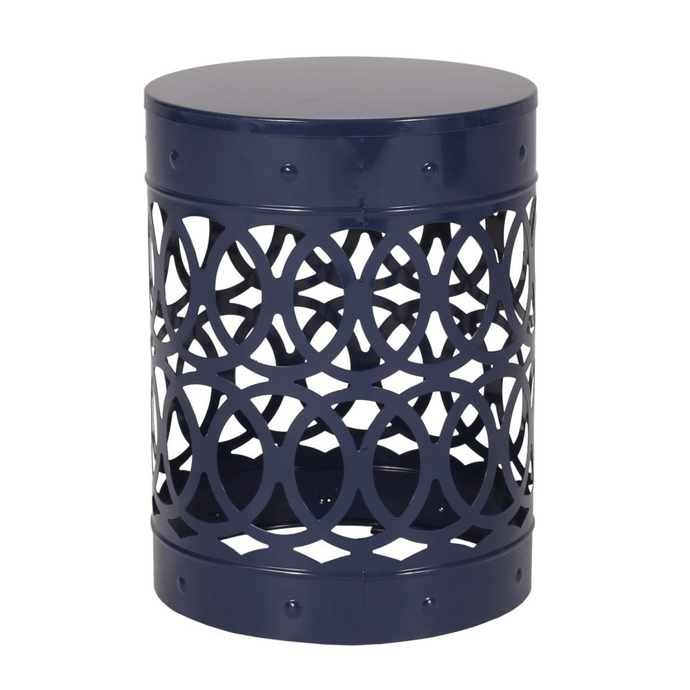 Kemo Outdoor End Table, Round 14 Inch, Cutout Design, Navy Blue Iron - BM324049