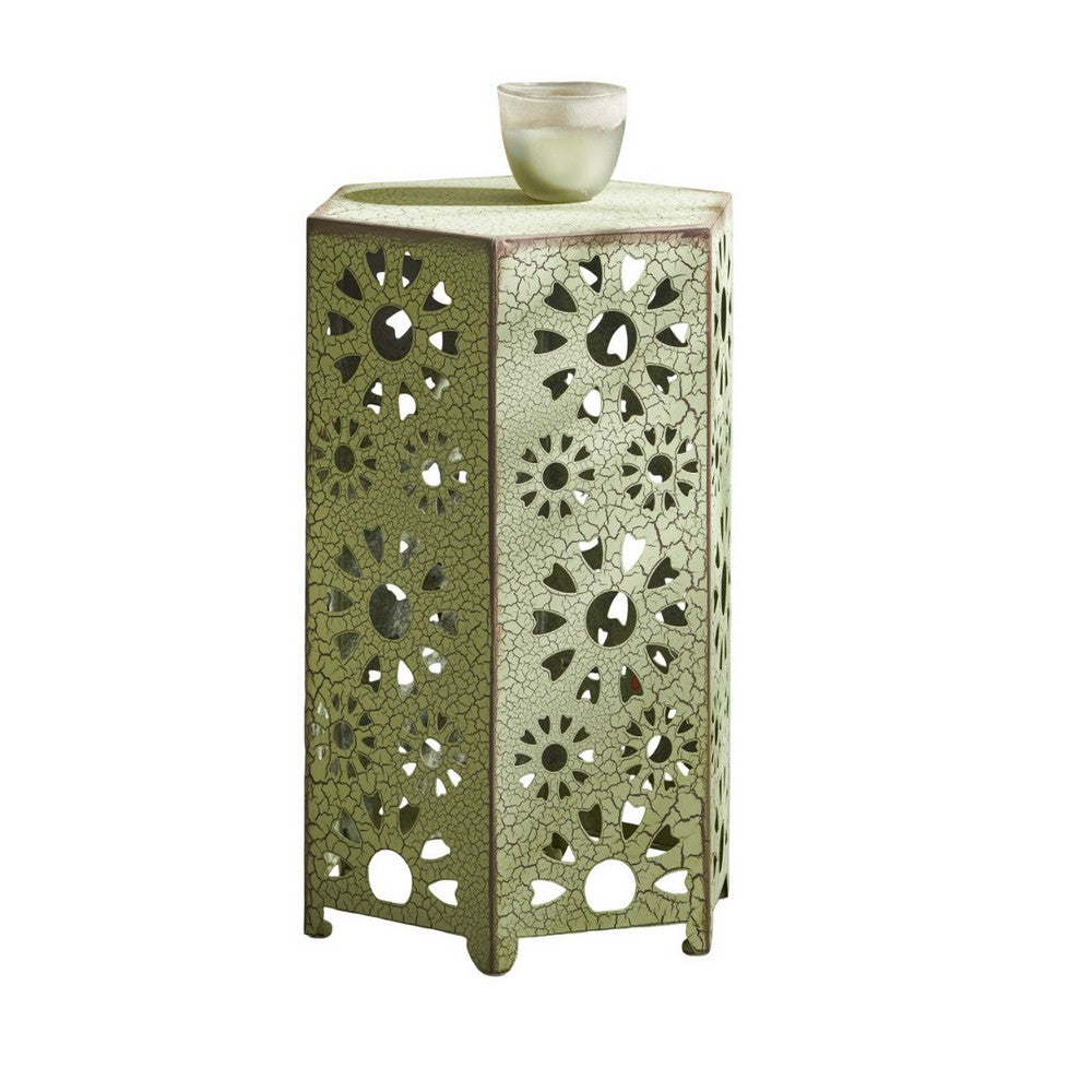 Liana Outdoor Side Table, Hexagonal 14 Inch, Sunburst Cut Out, Green - BM324062