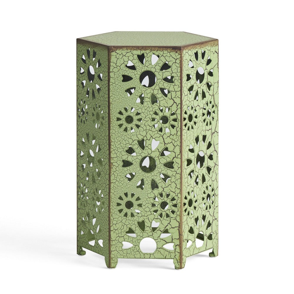Liana Outdoor Side Table, Hexagonal 12 Inch, Sunburst Cut Out, Green - BM324063