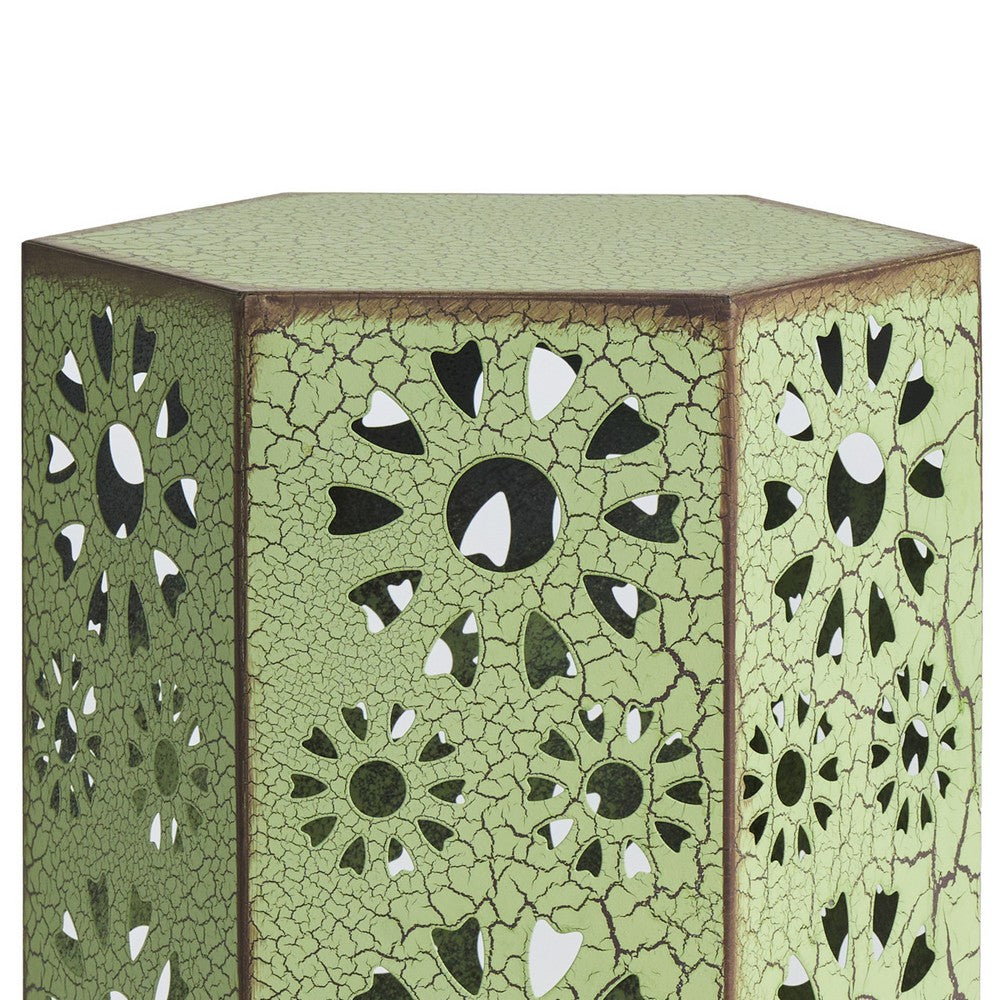 Liana Outdoor Side Table, Hexagonal 12 Inch, Sunburst Cut Out, Green - BM324063