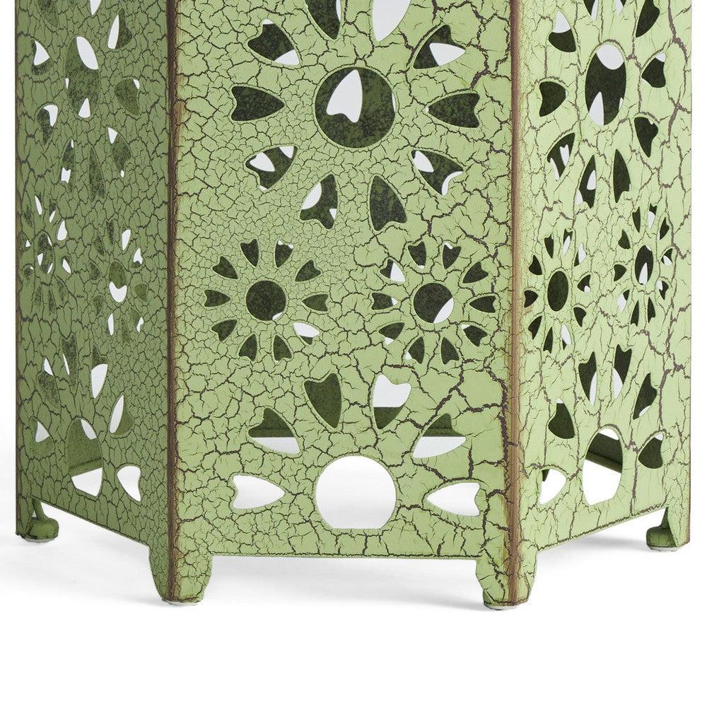 Liana Outdoor Side Table, Hexagonal 12 Inch, Sunburst Cut Out, Green - BM324063