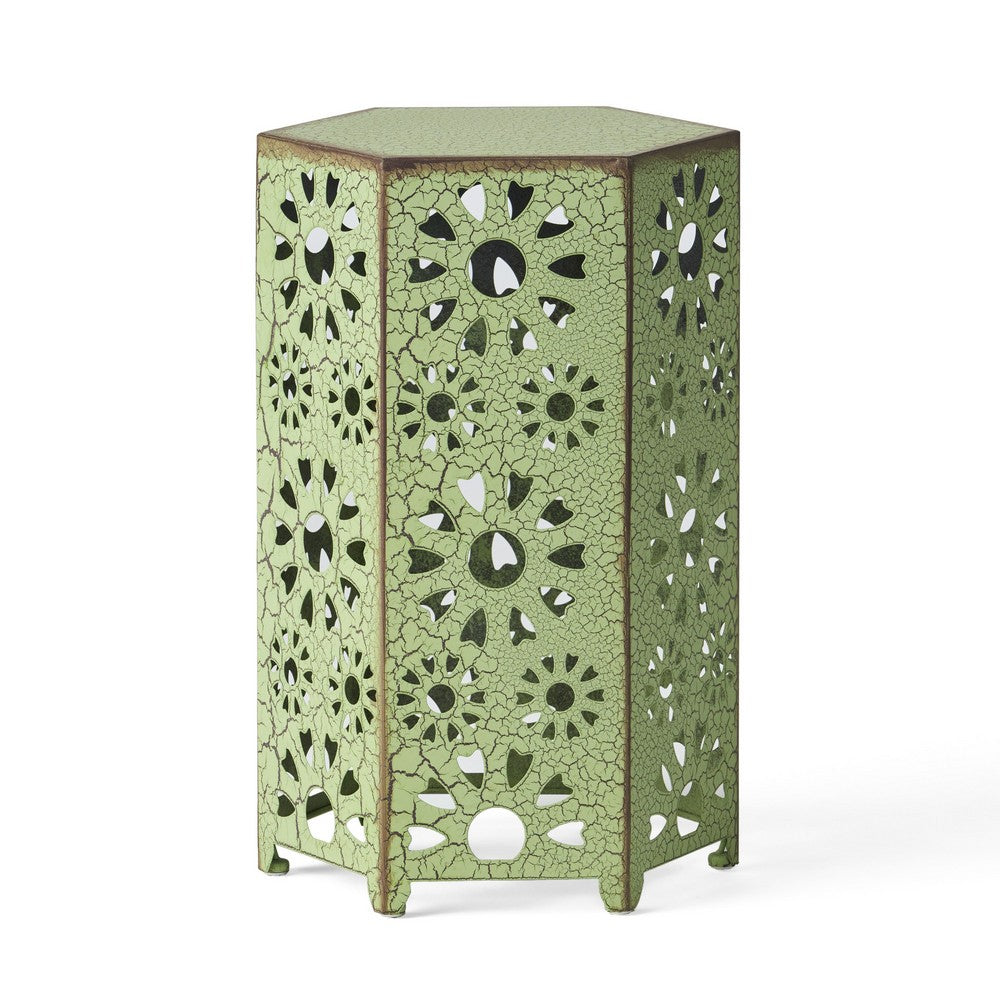 Liana Outdoor Side Table, Hexagonal 12 Inch, Sunburst Cut Out, Green - BM324063