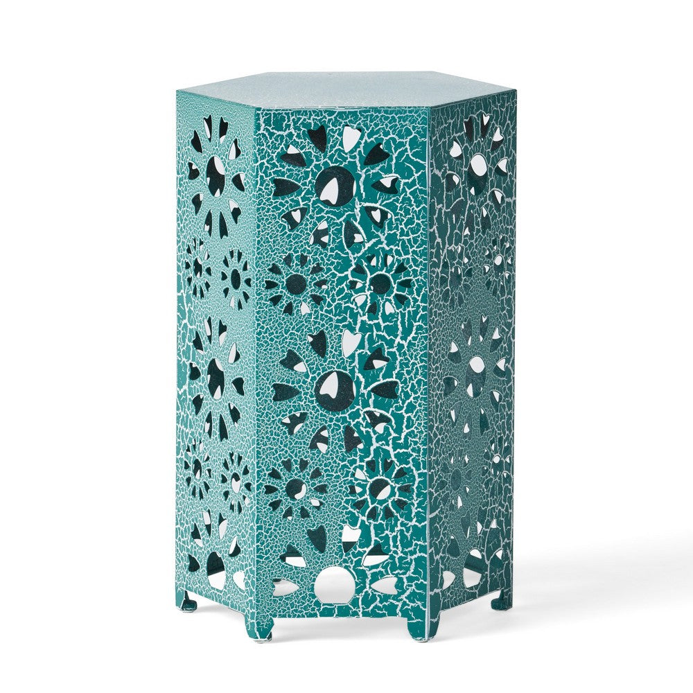 Liana Outdoor Side Table, Hexagonal 14 Inch, Sunburst Cut Out, Teal - BM324064
