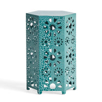 Liana Outdoor Side Table, Hexagonal 14 Inch, Sunburst Cut Out, Teal - BM324064