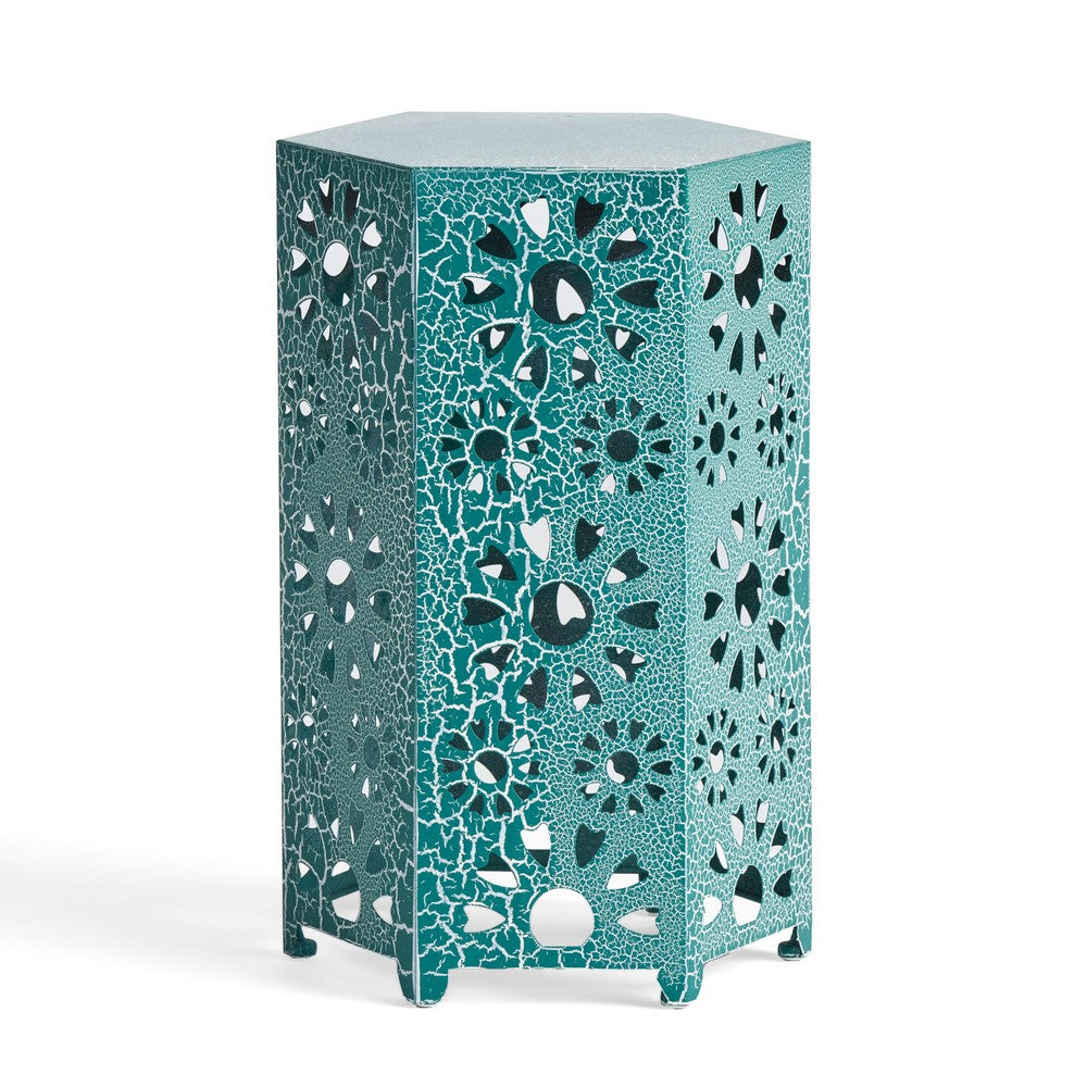 Liana Outdoor Side Table, Hexagonal 14 Inch, Sunburst Cut Out, Teal - BM324064