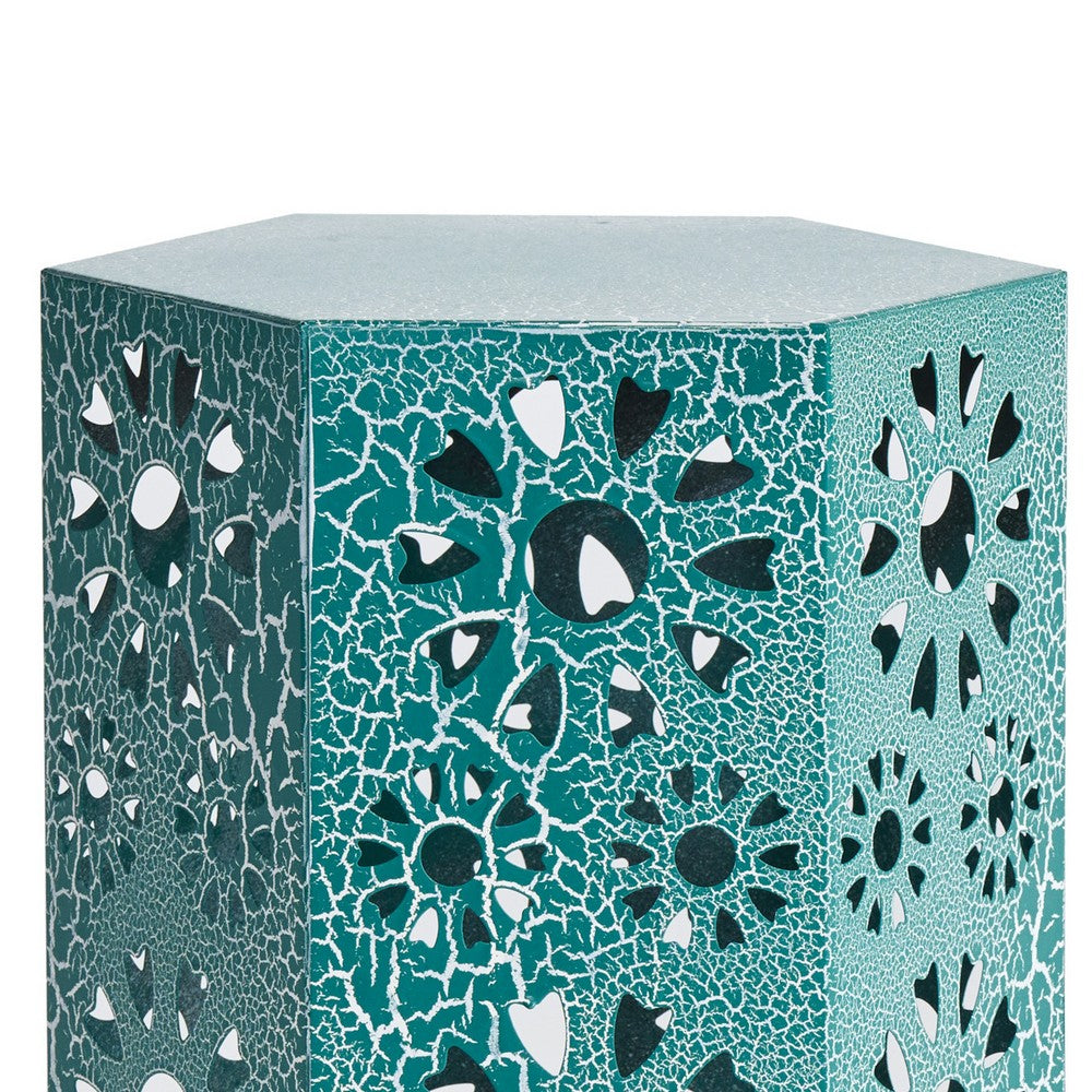 Liana Outdoor Side Table, Hexagonal 14 Inch, Sunburst Cut Out, Teal - BM324064