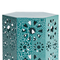 Liana Outdoor Side Table, Hexagonal 14 Inch, Sunburst Cut Out, Teal - BM324064