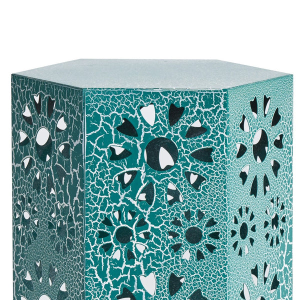 Liana Outdoor Side Table, Hexagonal 14 Inch, Sunburst Cut Out, Teal - BM324064