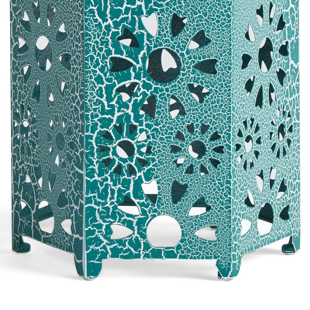 Liana Outdoor Side Table, Hexagonal 14 Inch, Sunburst Cut Out, Teal - BM324064