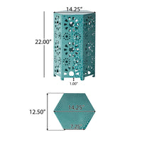 Liana Outdoor Side Table, Hexagonal 14 Inch, Sunburst Cut Out, Teal - BM324064