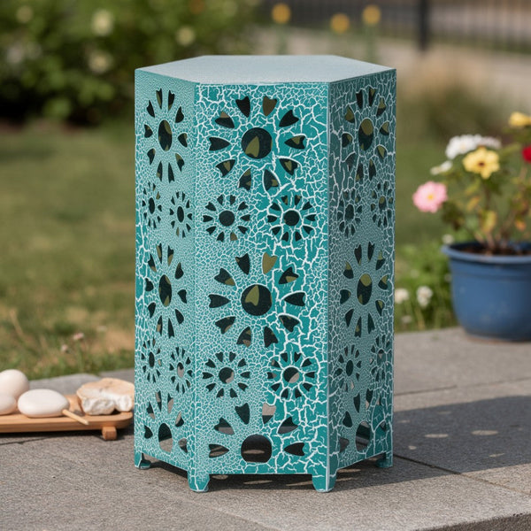 Liana Outdoor Side Table, Hexagonal 14 Inch, Sunburst Cut Out, Teal - BM324064