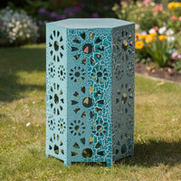 Liana Outdoor Side Table, Hexagonal 14 Inch, Sunburst Cut Out, Teal - BM324064