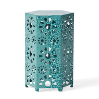 Liana Outdoor Side Table, Hexagonal 14 Inch, Sunburst Cut Out, Teal - BM324064