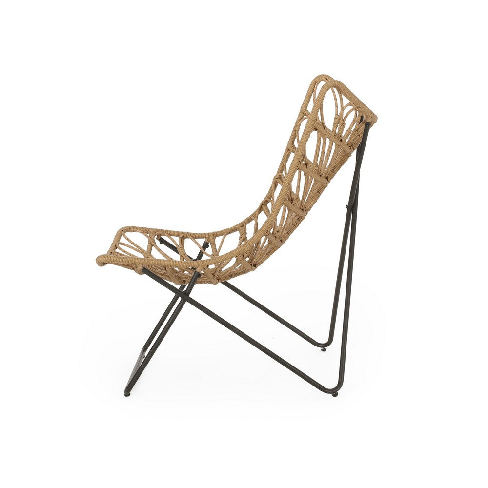 Fordy Outdoor Chair Set of 2, Curved Seat, Brown Rattan, Black Metal - BM324066