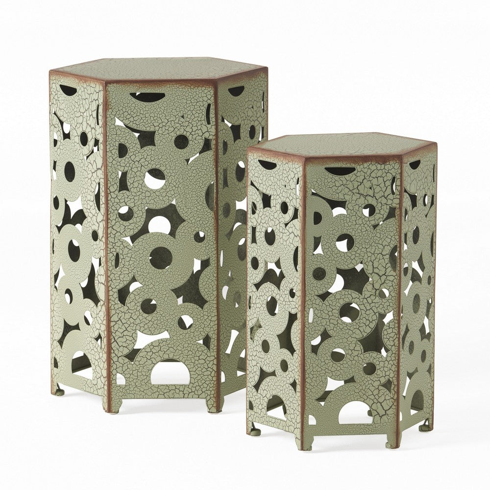Silva Accent Table Set of 2, Hexagonal Top, Cut Pattern, Green Iron - BM324070