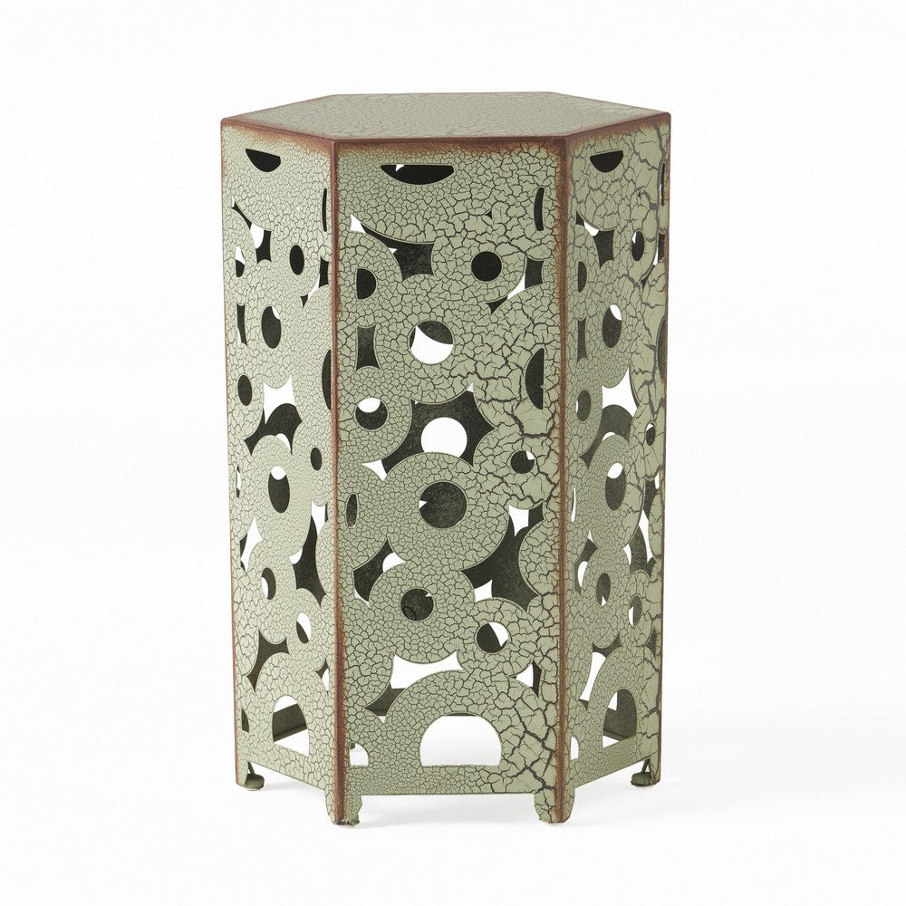 Silva Accent Table Set of 2, Hexagonal Top, Cut Pattern, Green Iron - BM324070